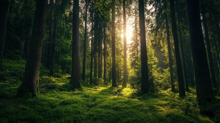 Obraz premium Sun-Dappled Forest Canopy: A serene capture of the forest, where sunlight filters through the dense canopy, illuminating the vibrant green floor. A symbol of nature's tranquility and beauty.