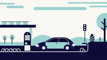 Electric car parked near charging point in flat abstract style, AI Generation