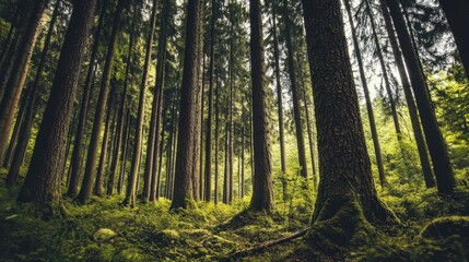 Fototapeta premium Forest of tall trees: Capturing the awe-inspiring scene of towering trees reaching for the sky, the image offers a serene and immersive glimpse into the heart of a vibrant forest.