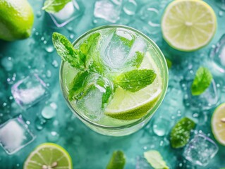 Mojito Cocktail: Refreshing mojito featuring fresh lime, mint, and ice, a perfect summertime treat.