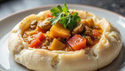 minimalist presentation of bunny chow,  encased in a white bread bowl, modern kitchen under bright daylight, close-up capturing the details of the texture, gentle lighting with clean lines and simplic
