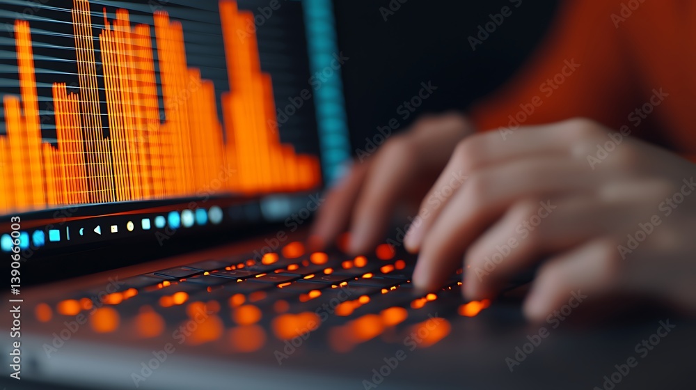 Poster person typing on laptop with orange glowing keys and data chart on screen for business analysis.