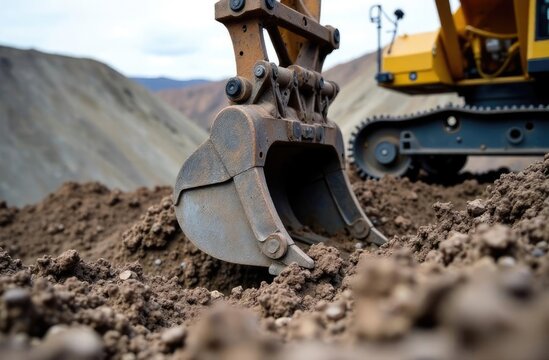Tractor bucket digging the ground. Close-up of the bucket.