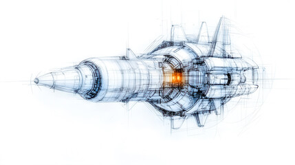 Futuristic spaceship sketch showing intricate mechanics and glowing core