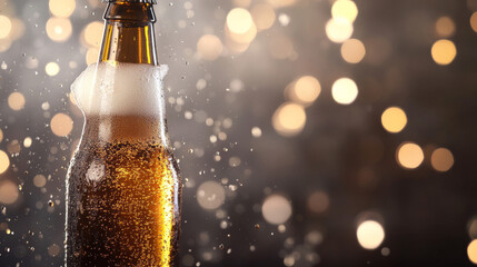 A bottle of bubbly lager beer is being opened, set against a gray background with bokeh lighting for an ad concept