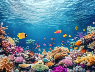 Naklejka premium Underwater Oasis: A vibrant coral reef teems with life, showcasing a kaleidoscope of colorful fish darting amidst a stunning array of coral formations, creating a mesmerizing underwater vista.