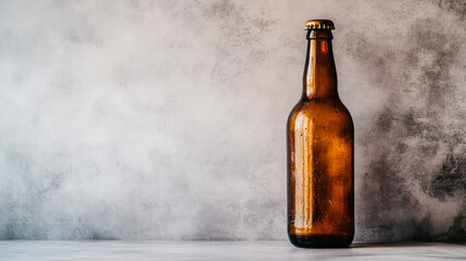 A brown beer bottle, fully intact, stands against a plain white backdrop
