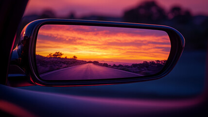 Stunning sunset reflected in a car mirror during a scenic drive.