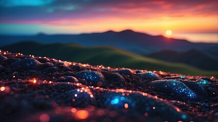 A vibrant, digitally-created landscape of gently rolling hills is illuminated by countless small orange lights