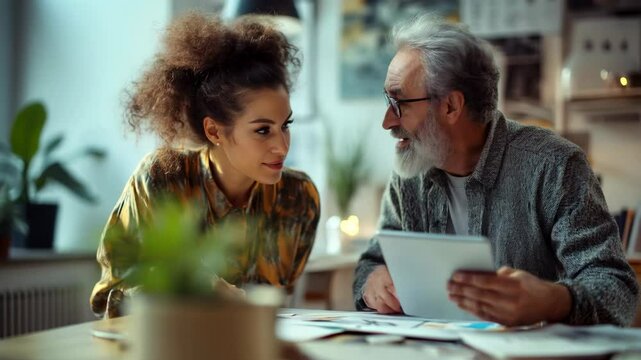 A heartfelt scene in a modern workspace or creative studio where a young professional is mentoring an older individual. 