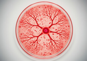 Red branching pattern in petri dish with central red dot 