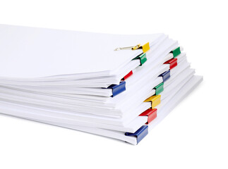 Colorful binder clips with sheets of paper isolated on white