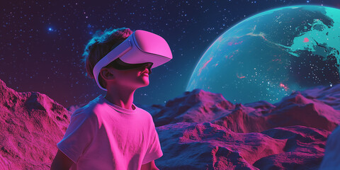 Obraz premium Virtual Reality Voyager: A young explorer, lost in the awe of a virtual world, wearing a virtual reality headset. Immersed in the fantastical digital realm of exploration. 