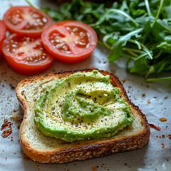 Avocado toast with tomatoes and arugula on a rustic surface.