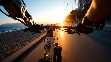 Person with a prosthetic arms enjoying a scenic bike ride on a beach path at sunset