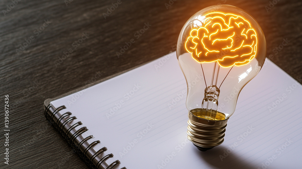 Poster a glowing light bulb with a detailed brain inside rests on an open notepad. symbolizing intelligence