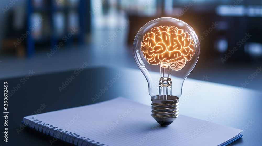 Poster a glowing light bulb with a detailed brain inside rests on an open notepad. symbolizing intelligence