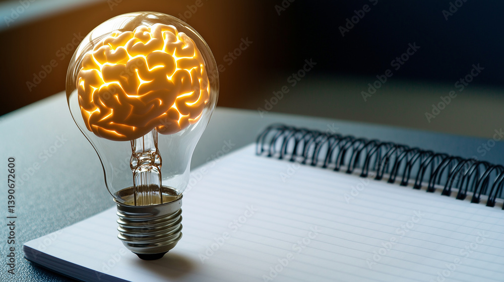 Poster a high-tech light bulb with a brain-shaped filament rests on a notepad. the futuristic glow symboliz