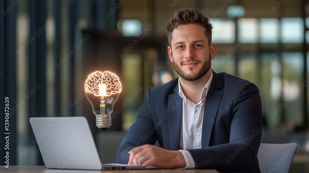 Poster a high-tech light bulb with a brain-shaped filament rests on a notepad. the futuristic glow symboliz