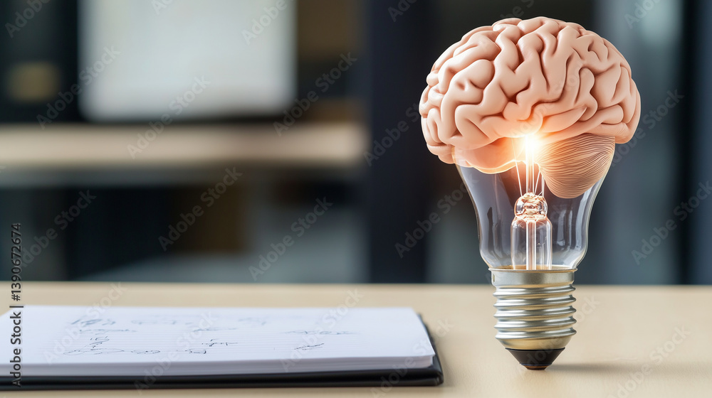 Poster a brain inside a classic edison bulb shines over a handwritten notepad. a perfect metaphor for inven