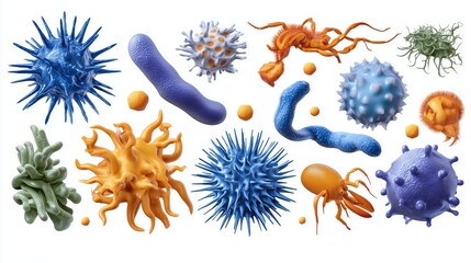 Fototapeta premium Tiny microbes and viruses appear in sharp detail against a clean white background, highlighting their forms.