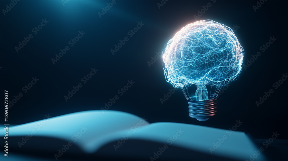 Poster a mind-shaped neural network inside a glowing bulb hovers over an open notepad. a visual representat