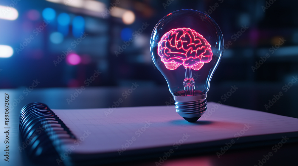 Poster a futuristic light bulb encasing a glowing brain rests on an architectâs notepad. a metaphor for i