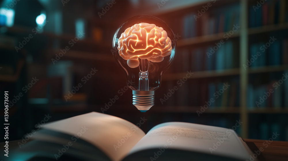 Poster a floating brain inside a levitating light bulb above an open journal. the surreal imagery represent