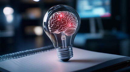 A close-up of a glass bulb containing a digital brain, placed on a notebook. The fusion of AI, deep learning, and human cognition is reflected in the intricate details.