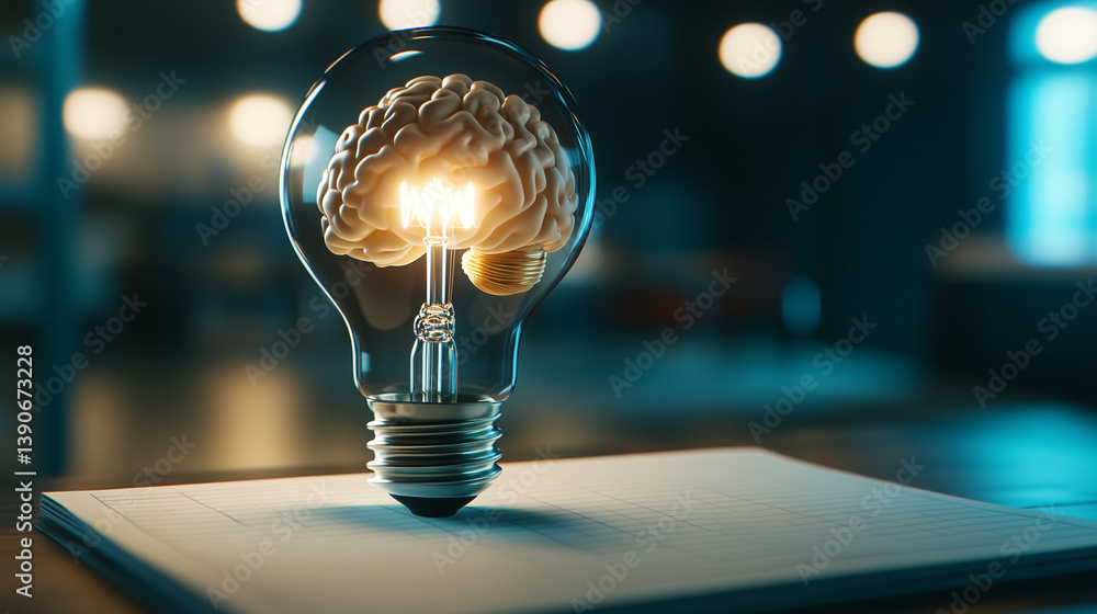 Poster a semi-transparent brain inside a lit bulb, resting on a brainstorming notepad. this artistic metaph