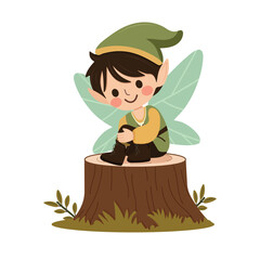 Cute forest fairy boy with wings on white background. Poster, Banner, Flyer, Greeting Card. Vector illustration in flat cartoon style