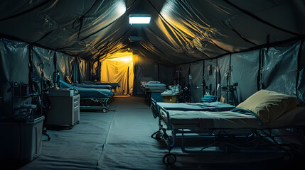 A makeshift hospital tent interior, equipped with beds and medical equipment, showcasing the stark reality of emergency medical facilities.