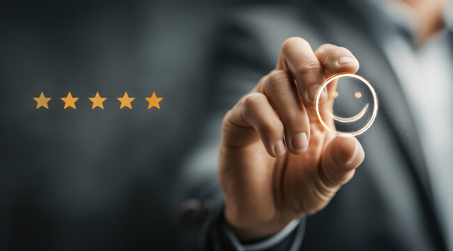 Businessman holding a glowing smiley face icon with five golden stars, symbolizing excellent customer satisfaction and positive feedback on a dark background.