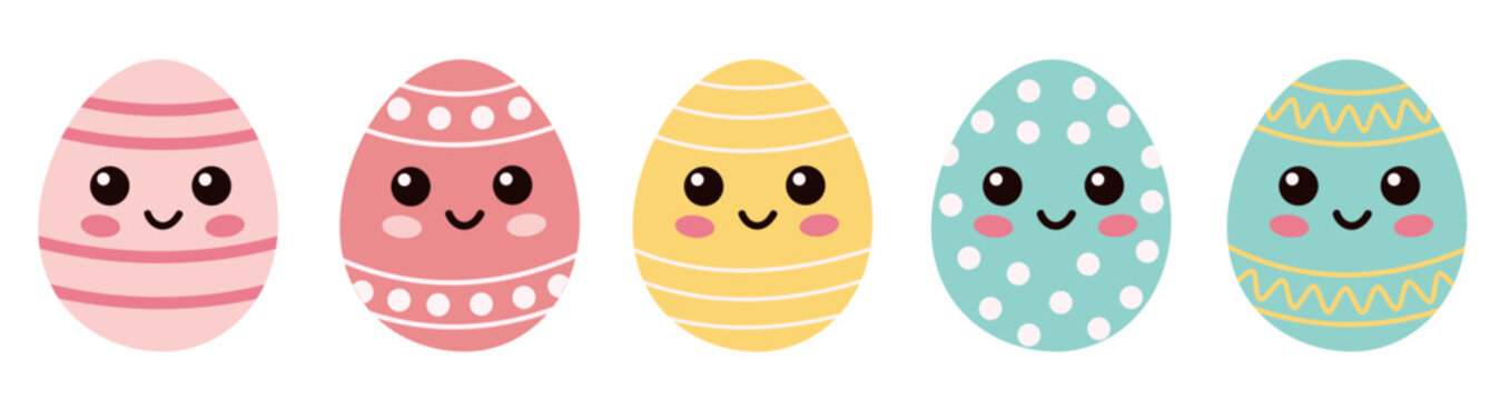 Cute smiling cartoon style painted eggs in colorful spring tones isolated on white background. Flat vector illustration.