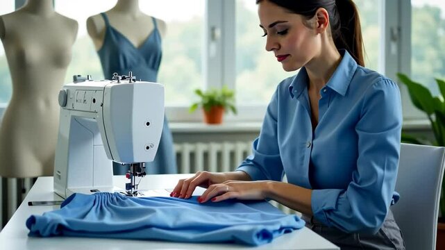 A fashion designer works with a sewing machine in a clothing store, a young tailor or seamstress works at a sewing machine in a textile factory or plant