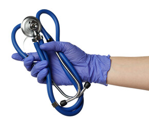 Doctor in medical glove holding stethoscope on white background, closeup