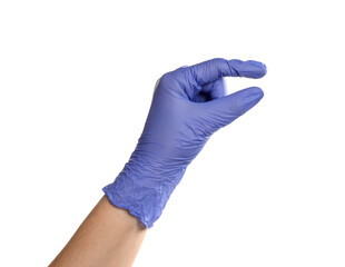 Doctor in medical glove holding something on white background, closeup