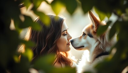 Peaceful Moment Between Woman and Dog in Nature Through Leaves