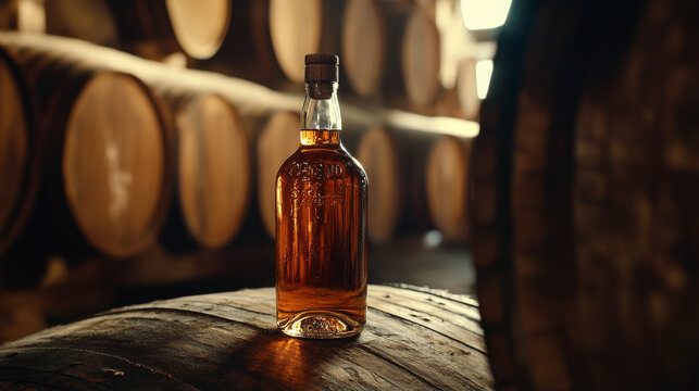 A whiskey bottle sits near an aged wooden cask, ideal for rustic-themed visuals