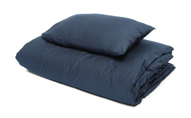 Silky bed linens and pillow on white background