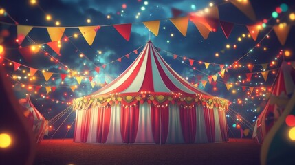 Bright circus tent with red and white stripes adorned by colorful pennants and sparkling lights