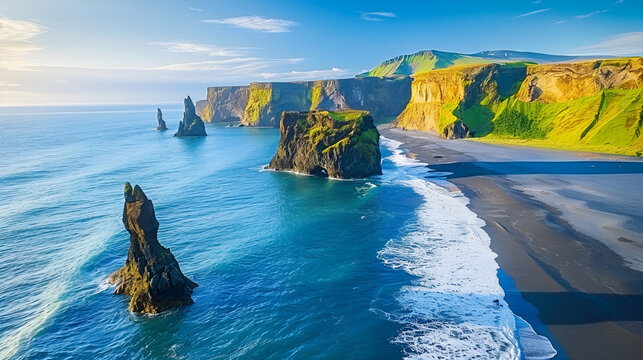 Aerial view of rocky sea stacks and cliffs along a black sand beach under a blue sky in iceland .