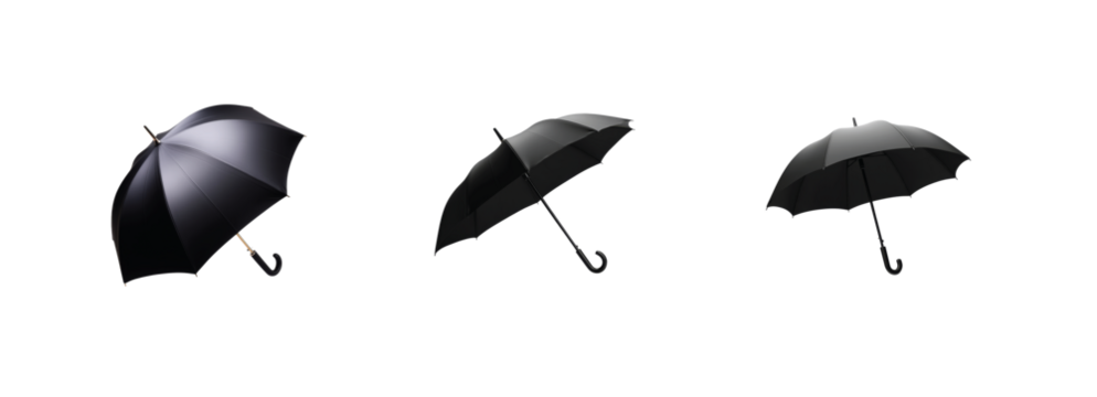 Umbrella collection featuring assorted black designs in various shapes and styles
