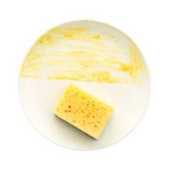 Dirty plate and sponge isolated on white, top view