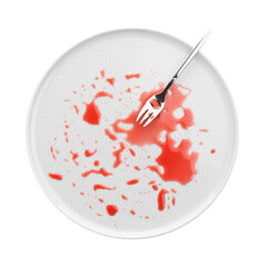 One dirty plate and fork isolated on white, top view