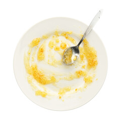 One dirty plate and spoon isolated on white, top view