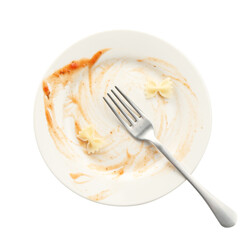 Dirty plate and fork isolated on white, top view