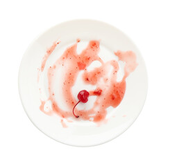 Dirty plate isolated on white, top view