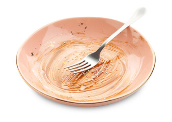 Dirty plate and fork isolated on white