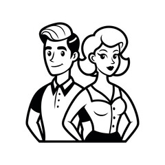 Fashionable Pinup Couple Line Drawing Vector

